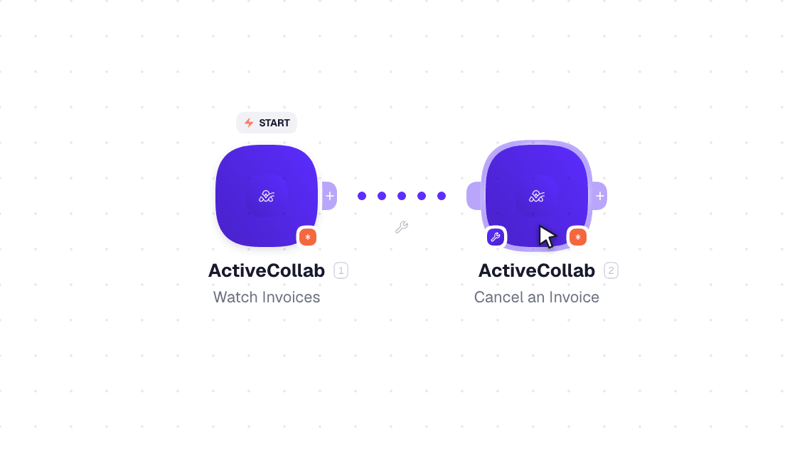 ActiveCollab workflow on the canvas: Watch Invoices then Get Invoice Private Notes