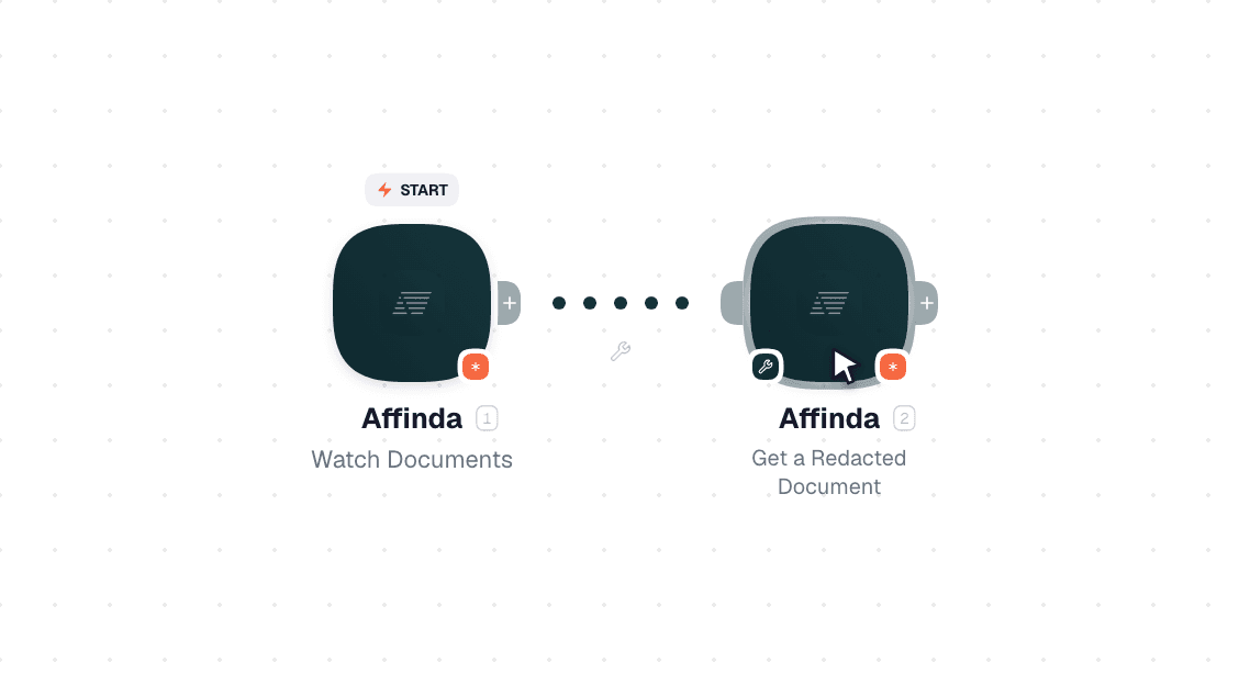 Affinda workflow on the canvas: Watch Documents then Get a Redacted Document