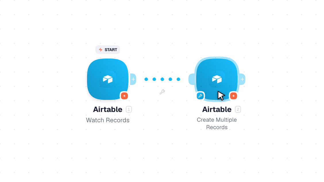 Airtable workflow on the canvas: Watch Records then Create Multiple Records