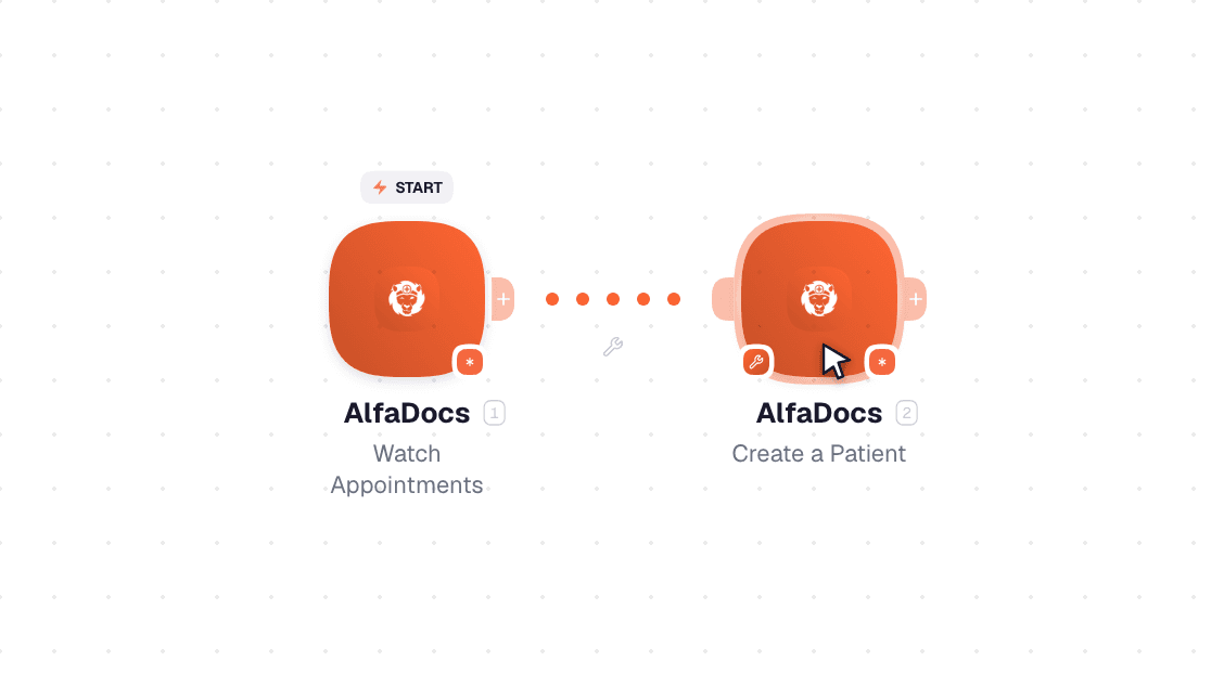 AlfaDocs workflow on the canvas: Watch Appointments then Create a Patient
