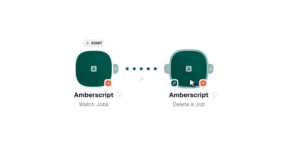 Amberscript workflow on the canvas: Watch Jobs then Delete a Job