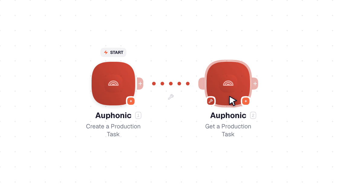 Auphonic workflow on the canvas: Watch Preset Events then Create a Production Task