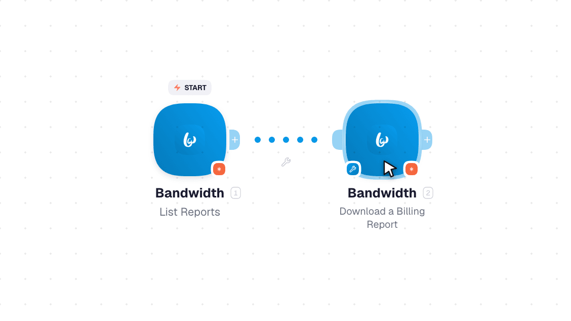 Bandwidth workflow on the canvas: Watch Toll-Free Requests then Request a Billing Report