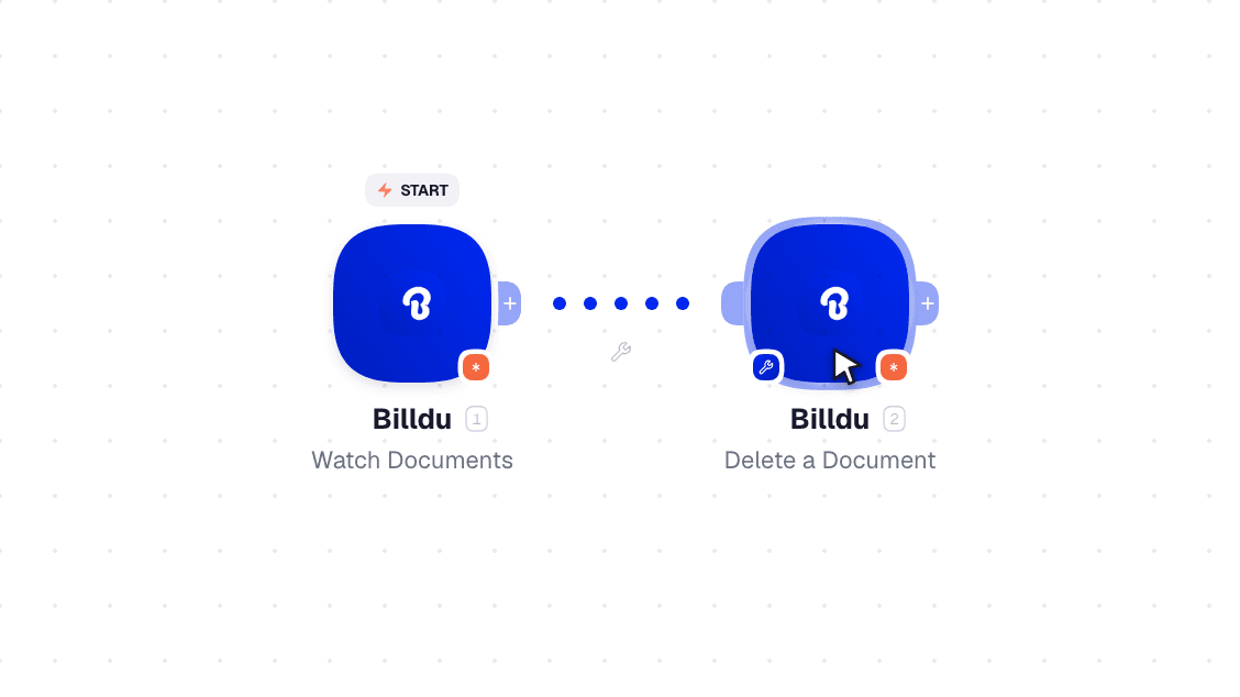 Billdu workflow on the canvas: Watch Documents then Delete a Document