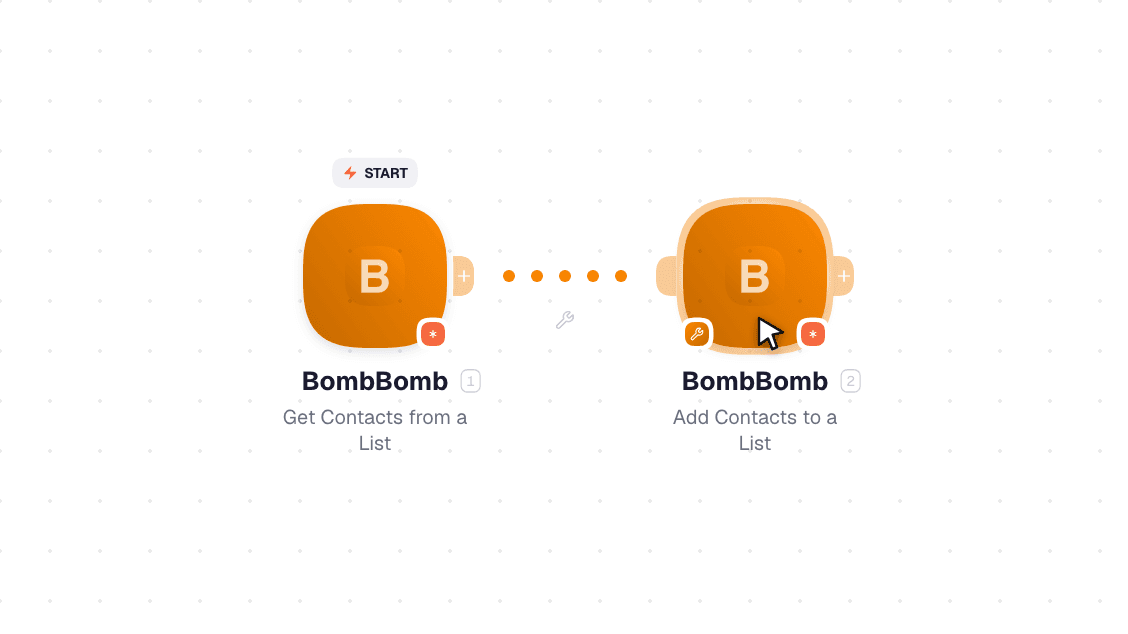 BombBomb workflow on the canvas: Watch Events then Add Contacts to a List