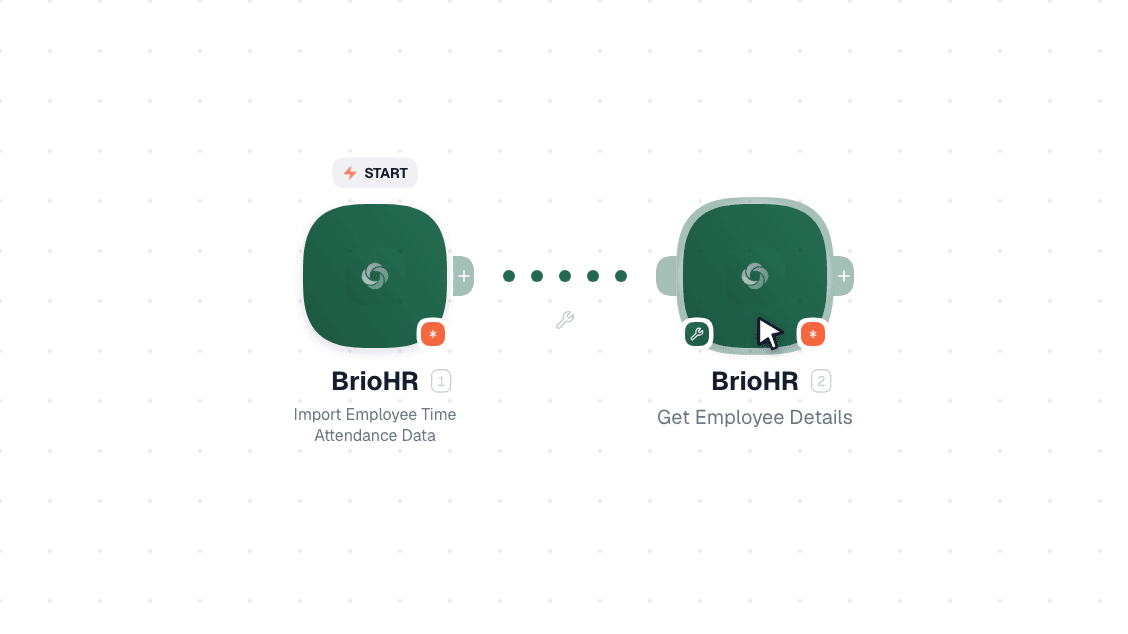 BrioHR workflow on the canvas: Import Employee Time Attendance Data then Get Employee Details