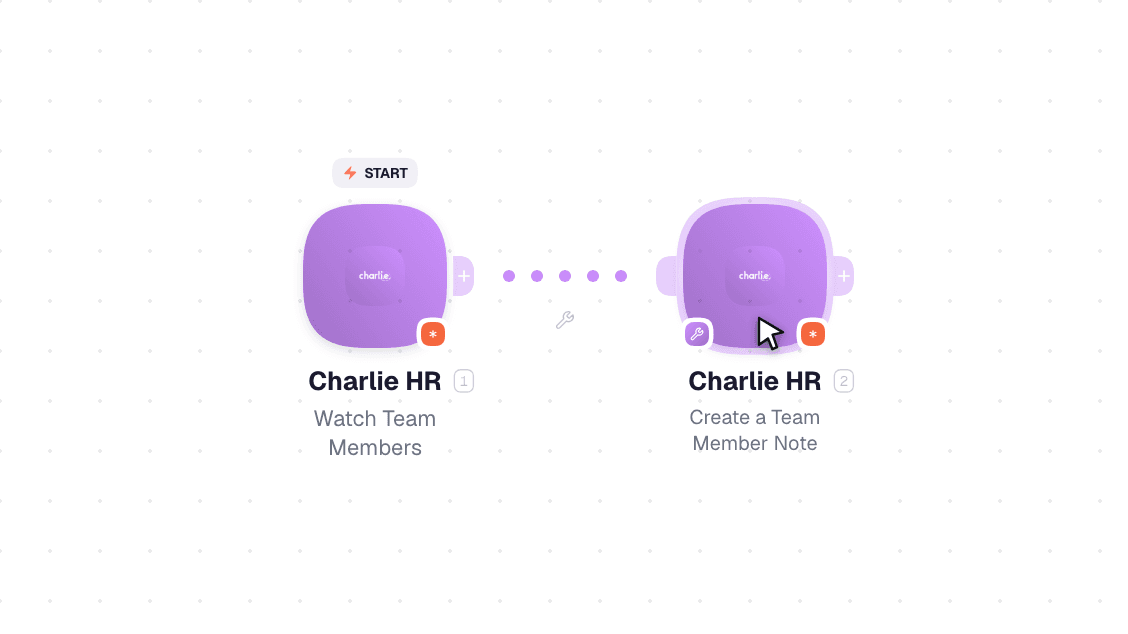 Charlie HR workflow on the canvas: Watch Team Members then Create a Team Member Note