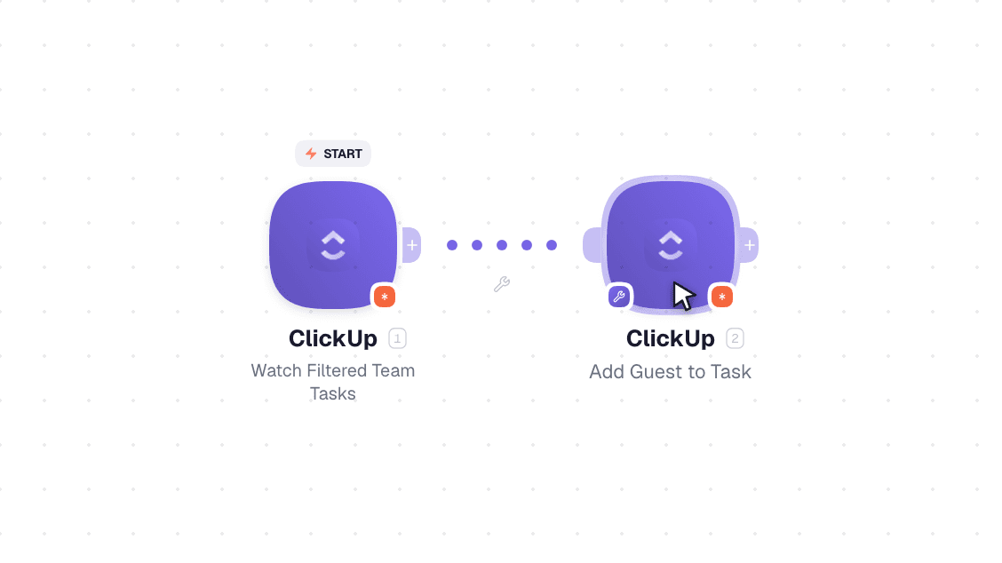 ClickUp workflow on the canvas: Watch Filtered Team Tasks then Add Guest to Task