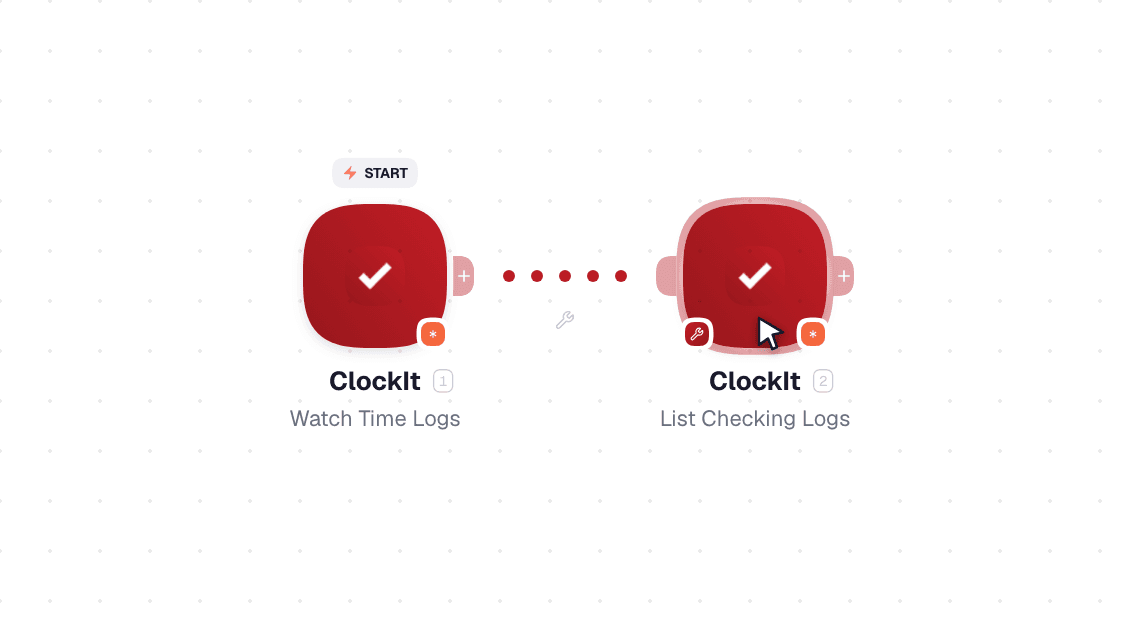 ClockIt workflow on the canvas: Watch Time Logs then List Checking Logs