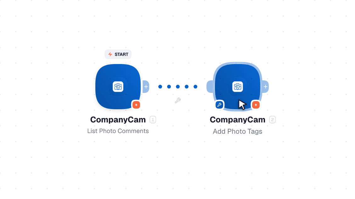 CompanyCam workflow on the canvas: Watch Events then Add Photo Comments