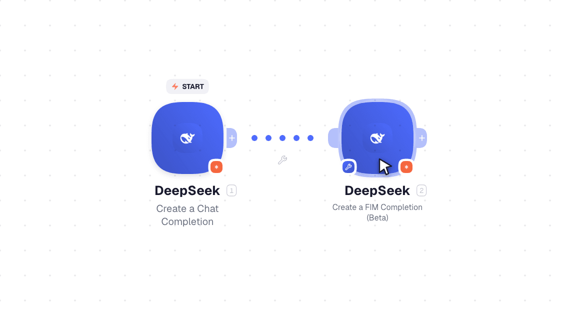DeepSeek workflow on the canvas: Create a Chat Completion then Create a FIM Completion (Beta)