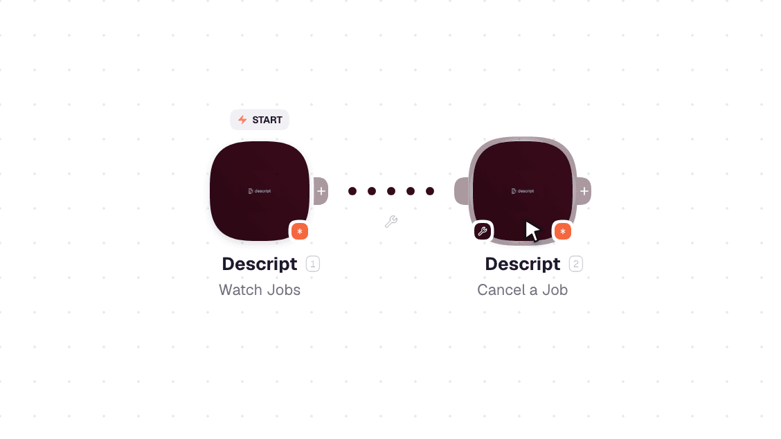 Descript workflow on the canvas: Watch Jobs then Cancel a Job