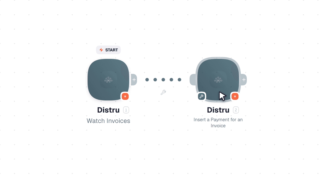 Distru workflow on the canvas: Watch Invoices then Insert a Payment for an Invoice
