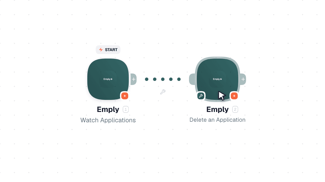 Emply workflow on the canvas: Watch Applications then Delete an Application