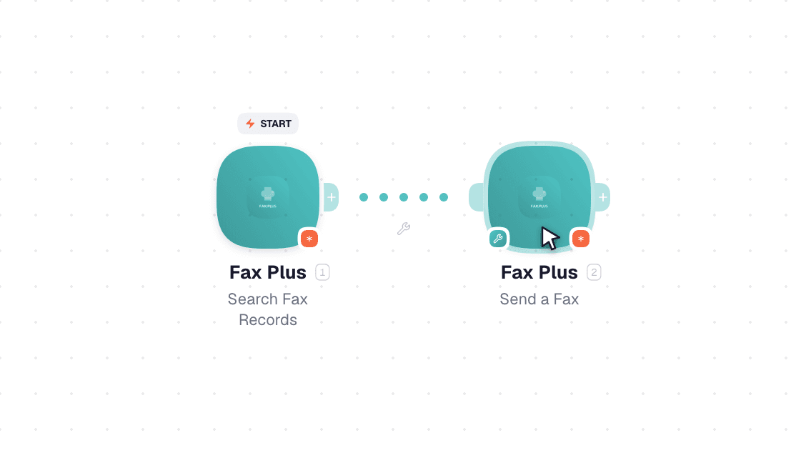 Fax Plus workflow on the canvas: Watch Events then Send a Fax