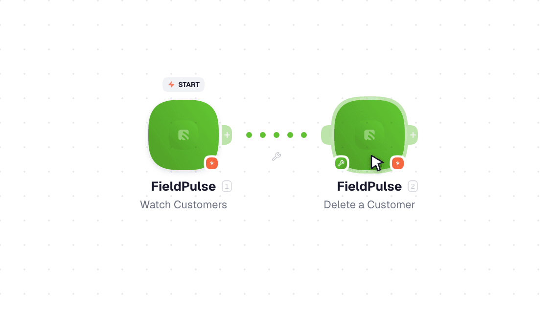 FieldPulse workflow on the canvas: Watch Customers then Delete a Customer