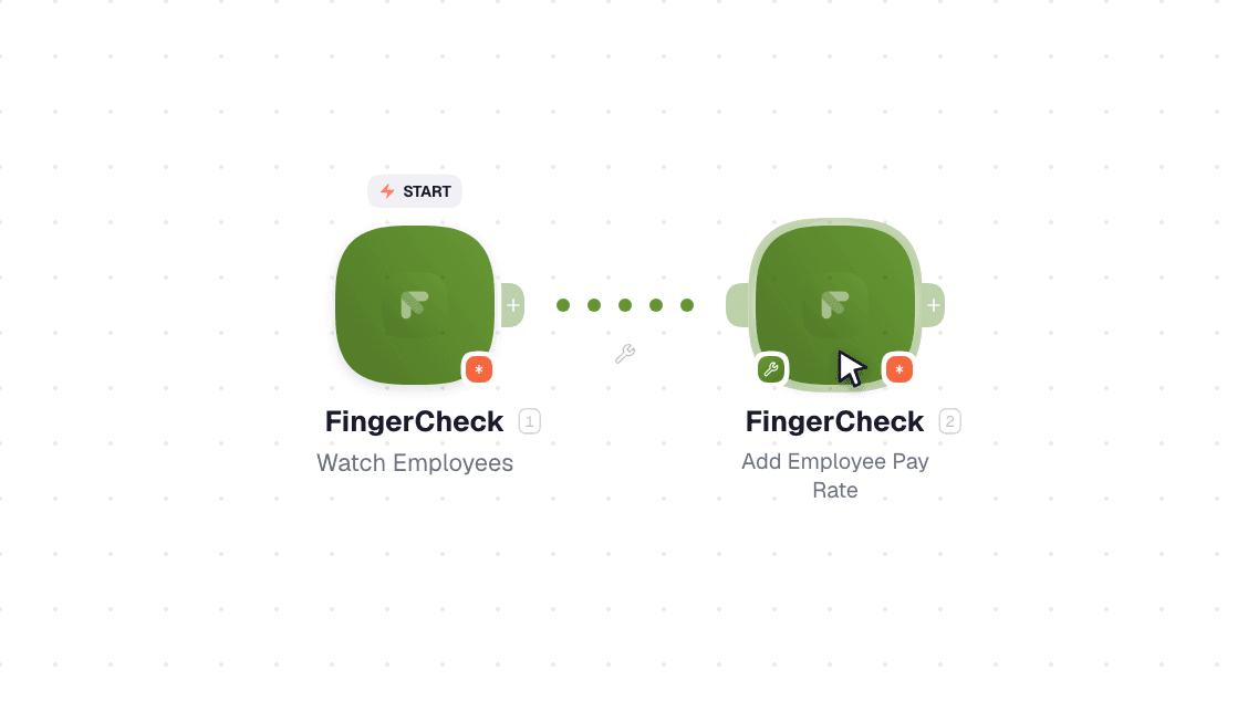 FingerCheck workflow on the canvas: Watch Employees then Add Employee Pay Rate