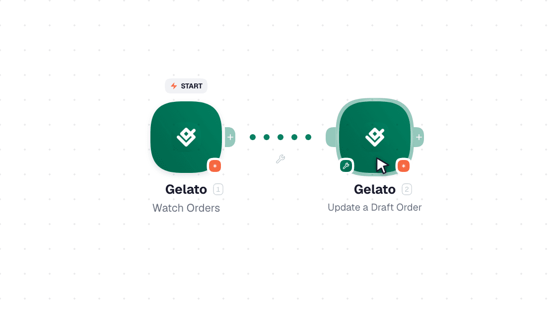 Gelato workflow on the canvas: Watch Orders then Update a Draft Order