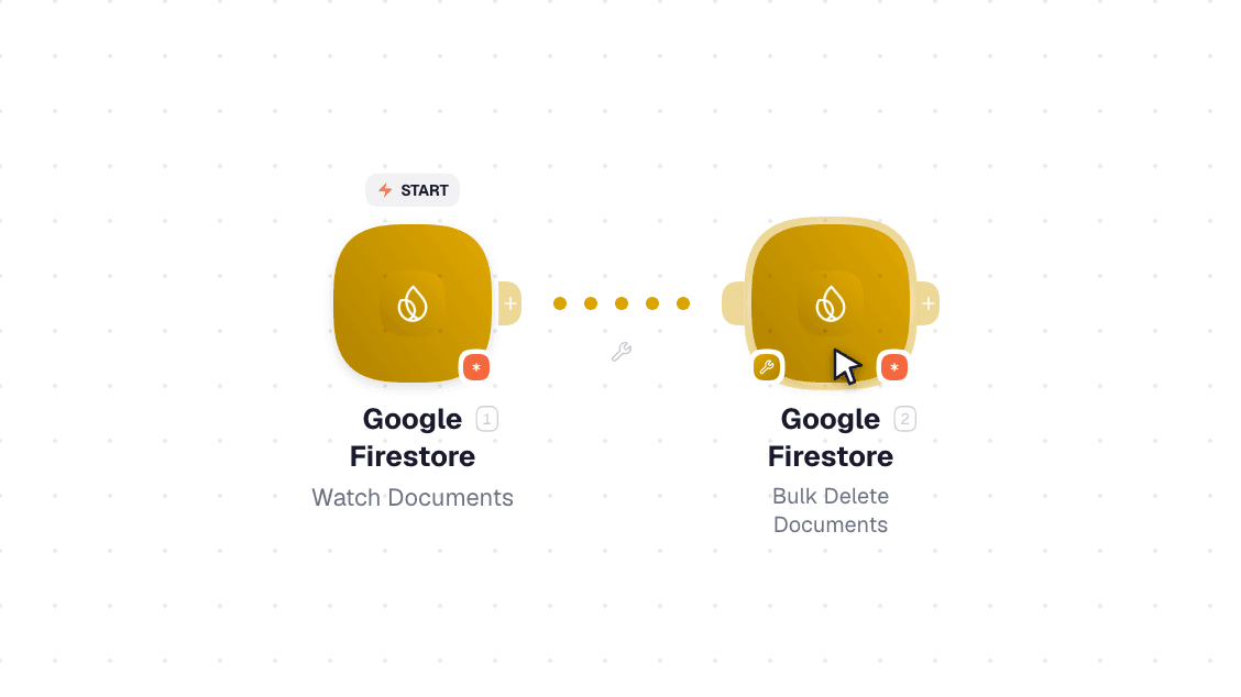 Google Firestore workflow on the canvas: Watch Documents then Bulk Delete Documents