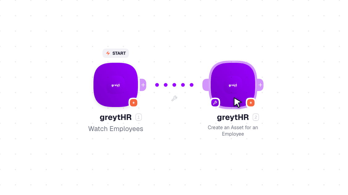greytHR workflow on the canvas: Watch Employees then Add Employee Document