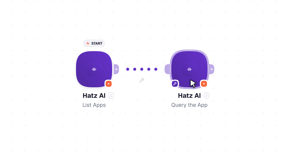 Hatz AI workflow on the canvas: List Apps then Query the App