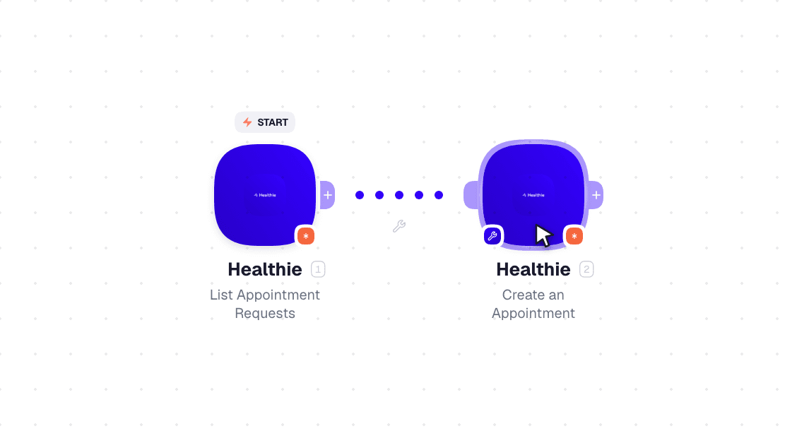 Healthie workflow on the canvas: Watch Events then Create a Billing Item