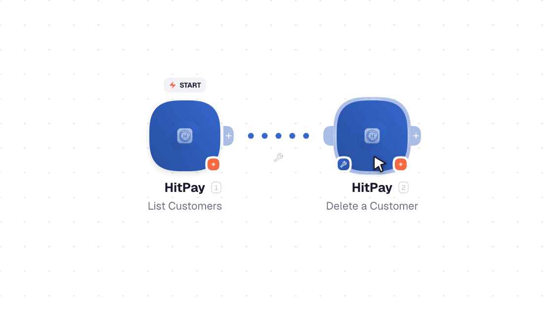HitPay workflow on the canvas: Watch Events then Create a Customer
