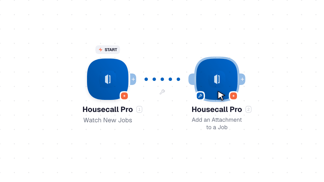 Housecall Pro workflow on the canvas: Watch New Jobs then Add a Job Line Item