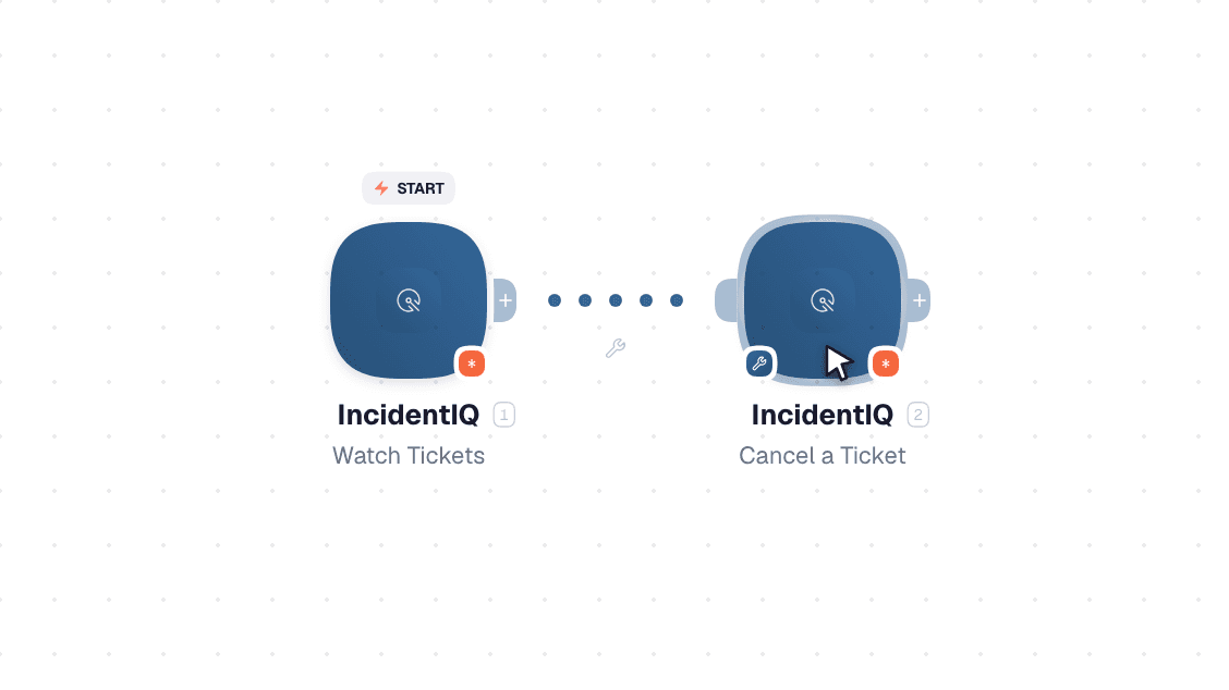 IncidentIQ workflow on the canvas: Watch Tickets then Cancel a Ticket