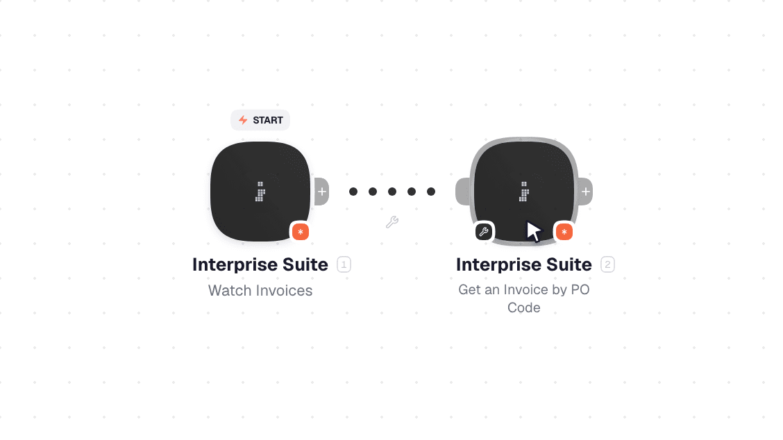 Interprise Suite workflow on the canvas: Watch Invoices then Get an Invoice by PO Code