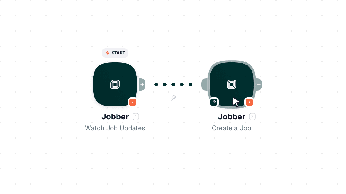 Jobber workflow on the canvas: Watch Job Updates then Create a Job