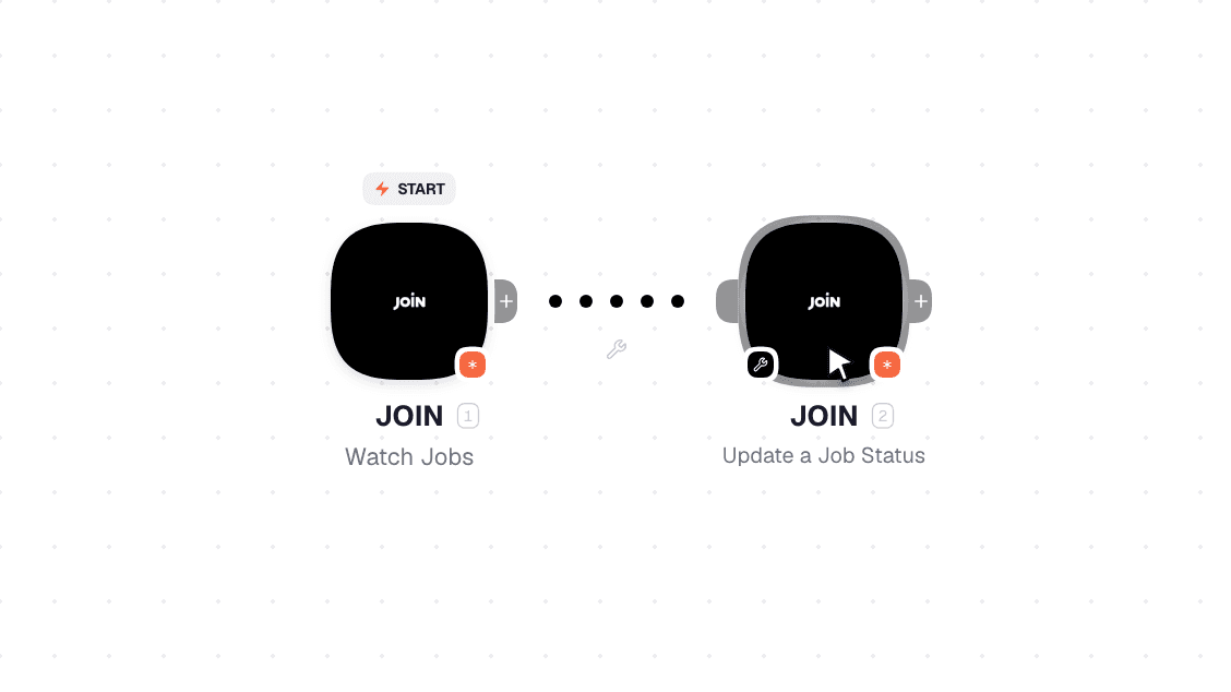 JOIN workflow on the canvas: Watch Jobs then Update a Job Status