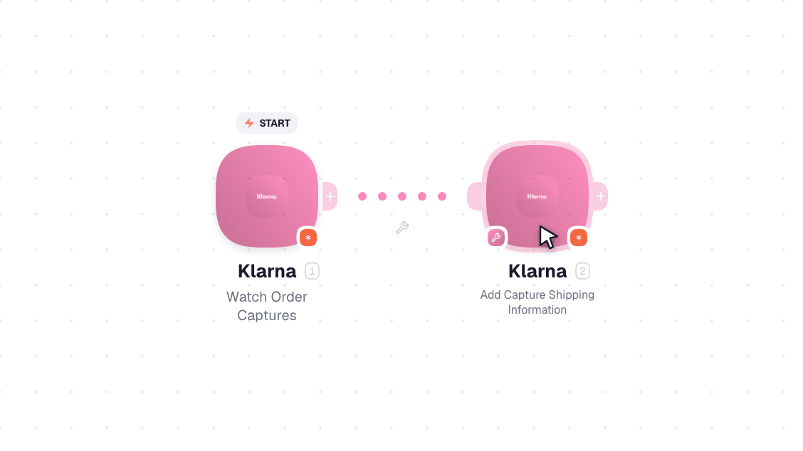 Klarna workflow on the canvas: Watch Order Captures then Add Capture Shipping Information