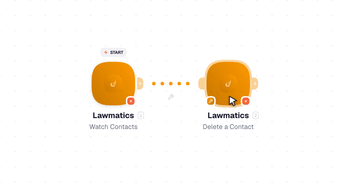 Lawmatics workflow on the canvas: Watch Contacts then Find a Contact by Email