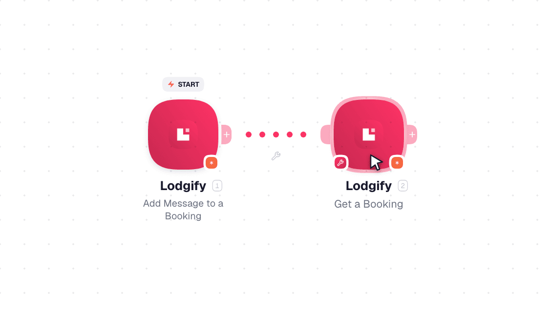 Lodgify workflow on the canvas: Watch Events then Add Message to a Booking
