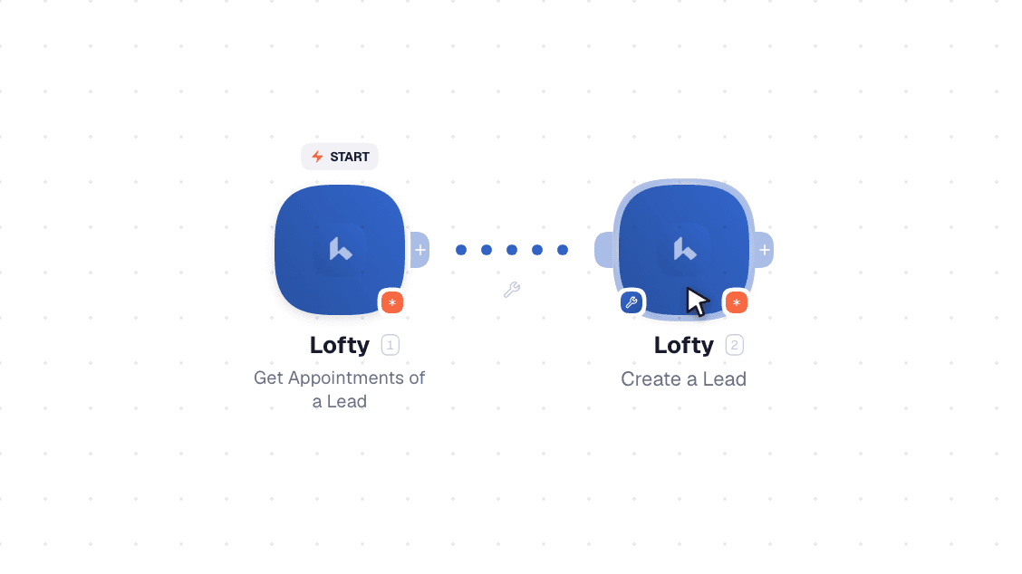 Lofty workflow on the canvas: Watch Events then Create a Lead