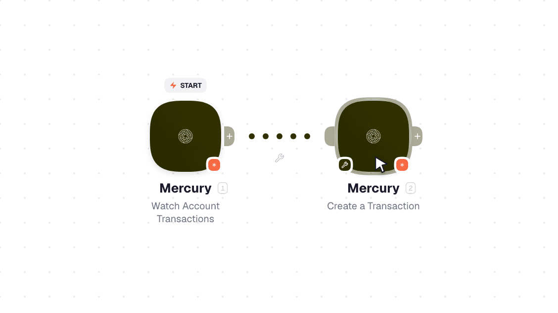 Mercury workflow on the canvas: Watch Account Transactions then Create a Transaction