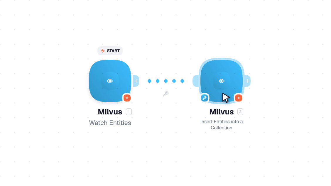 Milvus workflow on the canvas: Watch Entities then Insert Entities into a Collection