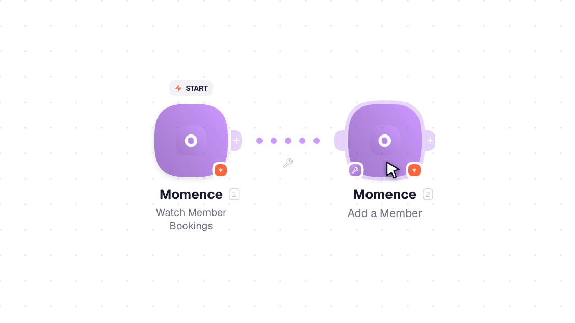 Momence workflow on the canvas: Watch Member Bookings then Add a Member
