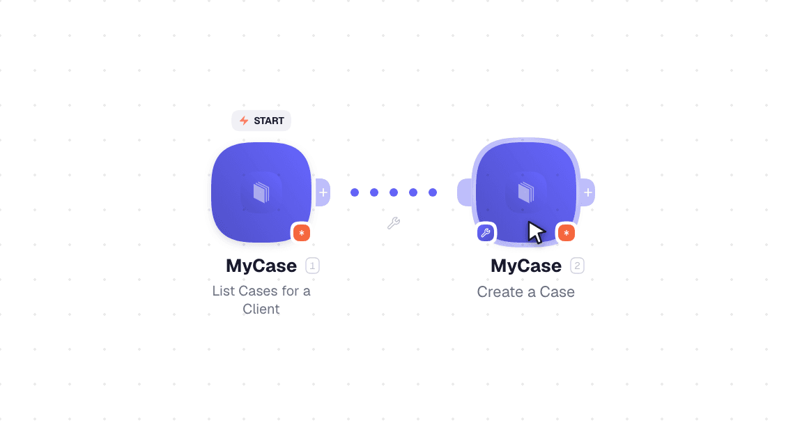 MyCase workflow on the canvas: Watch Events then Create a Case
