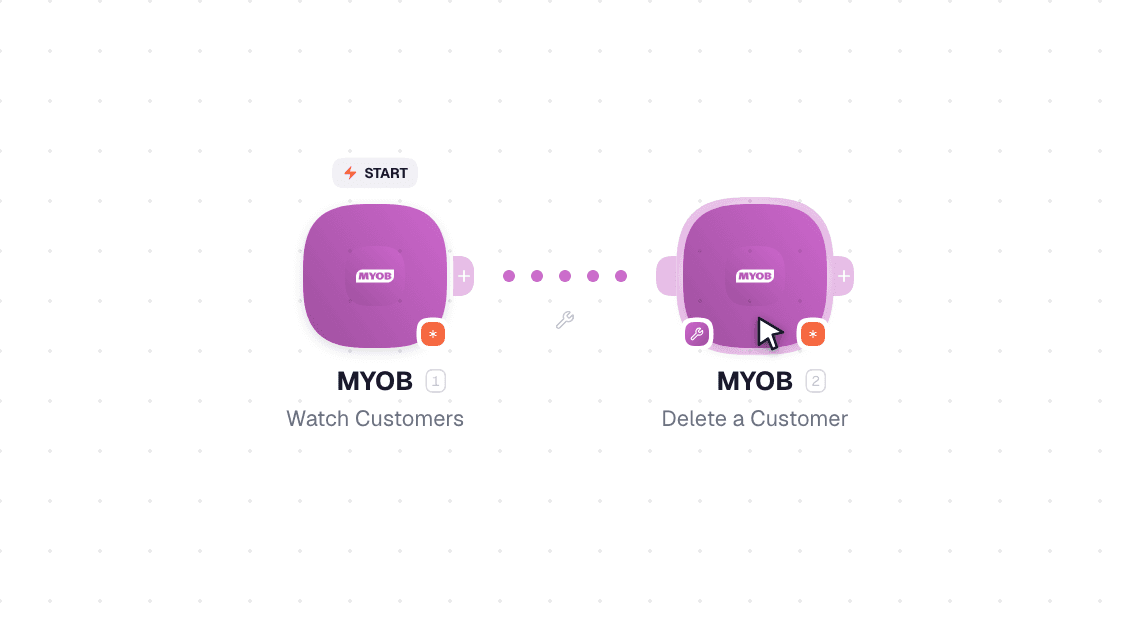 MYOB workflow on the canvas: Watch Customers then Delete a Customer