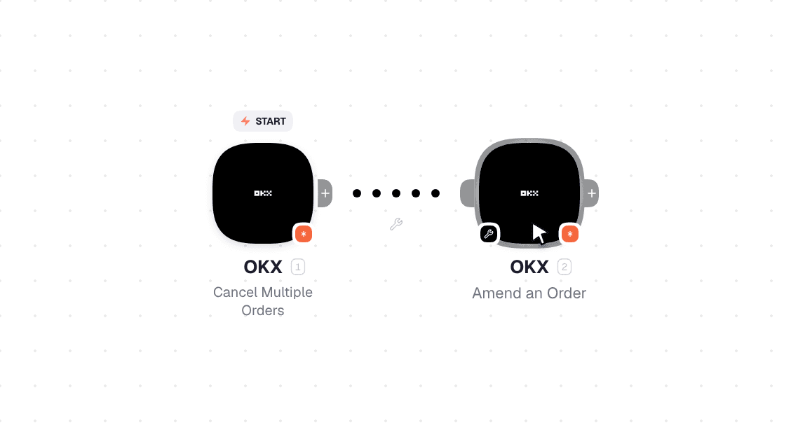 OKX workflow on the canvas: Cancel Multiple Orders then Get an Order