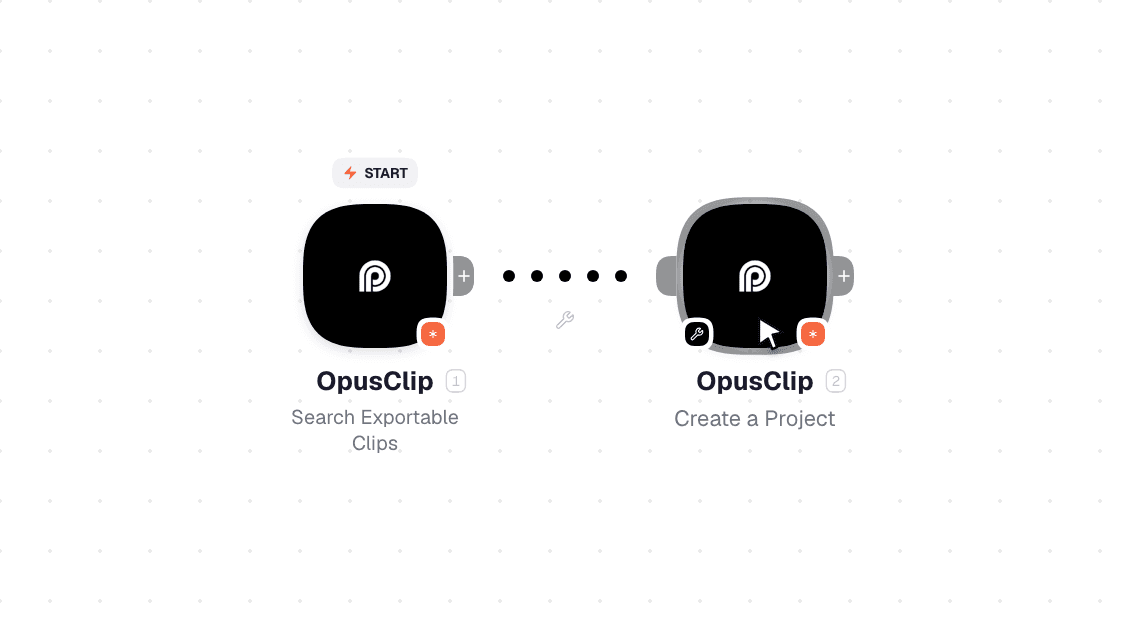 OpusClip workflow on the canvas: Search Exportable Clips then Create a Project