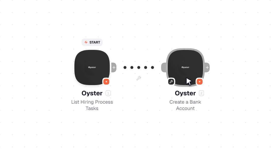 Oyster workflow on the canvas: Watch Events then Create a Bank Account