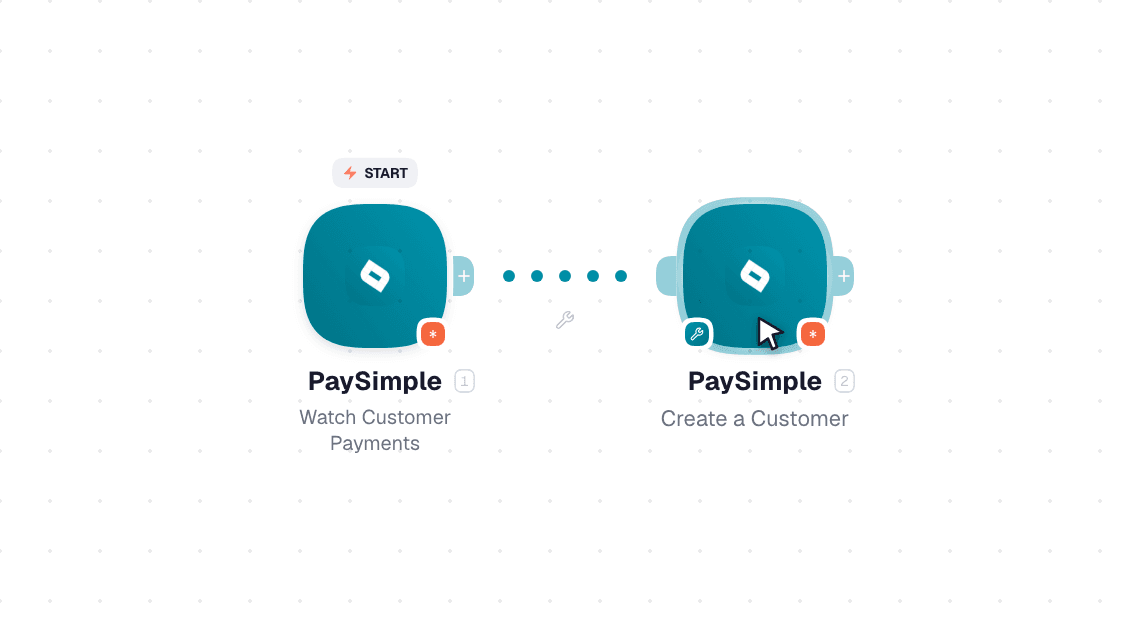 PaySimple workflow on the canvas: Watch Customer Payments then Create a Customer