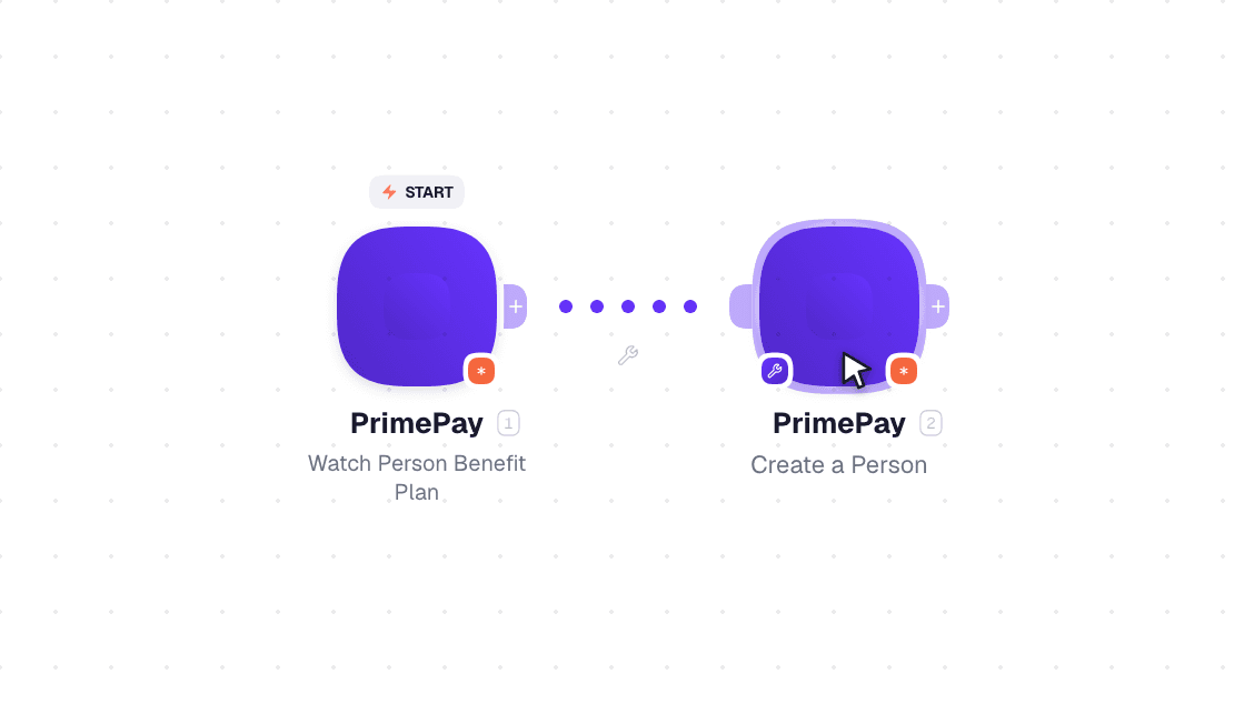 PrimePay workflow on the canvas: Watch Person Benefit Plan then Create a Benefit Plan
