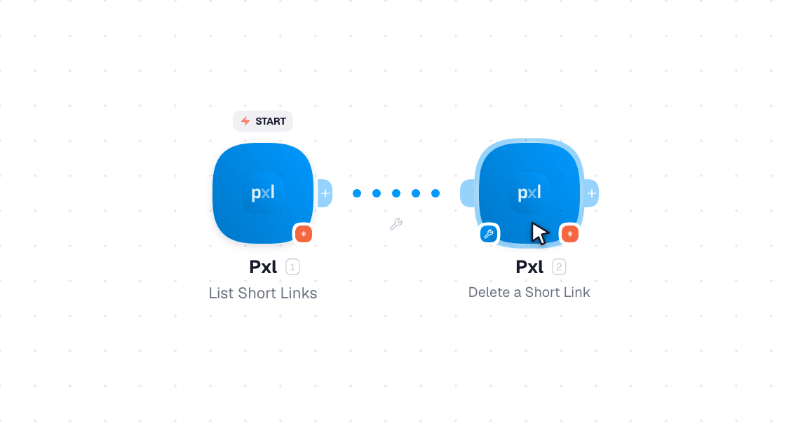 Pxl workflow on the canvas: List Short Links then Delete a Short Link
