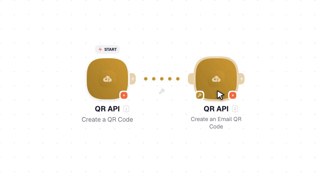 QR API workflow on the canvas: Create a Google Maps QR Code then Create an Email QR Code