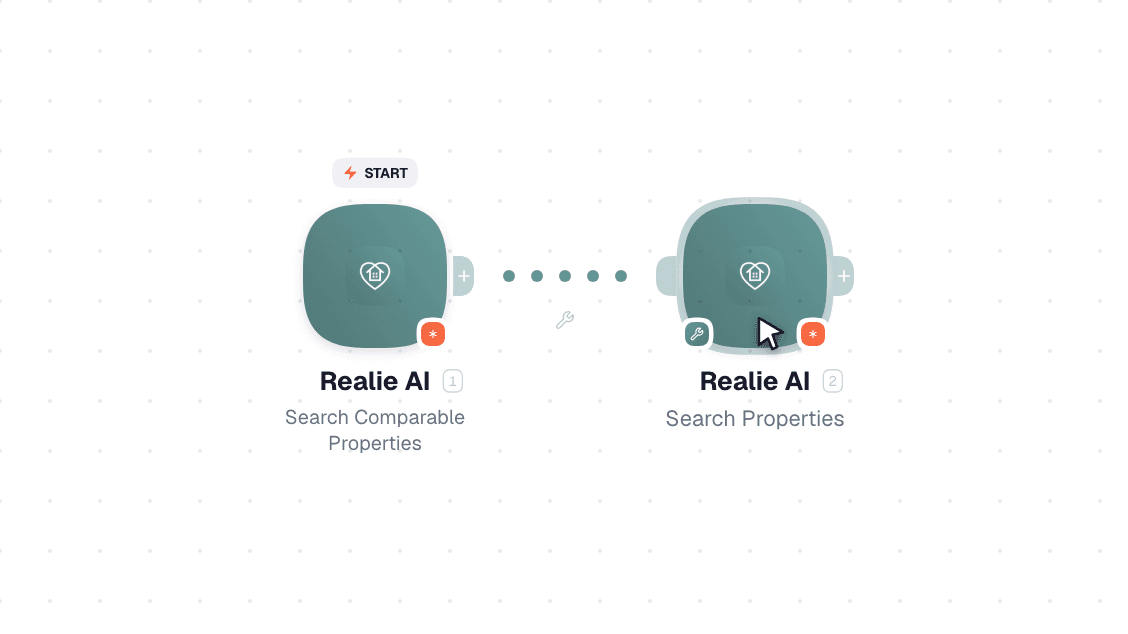 Realie AI workflow on the canvas: Search Comparable Properties then Search Properties