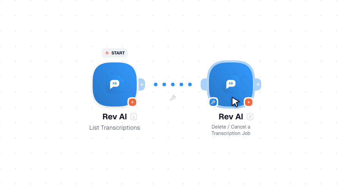 Rev AI workflow on the canvas: List Transcriptions then Get a Transcription Job Details